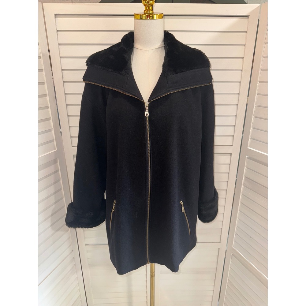 Donnybrook Mid-Length Coat Women Black Faux Fur Trim Zip Front Size 8 - Picture 2 of 6